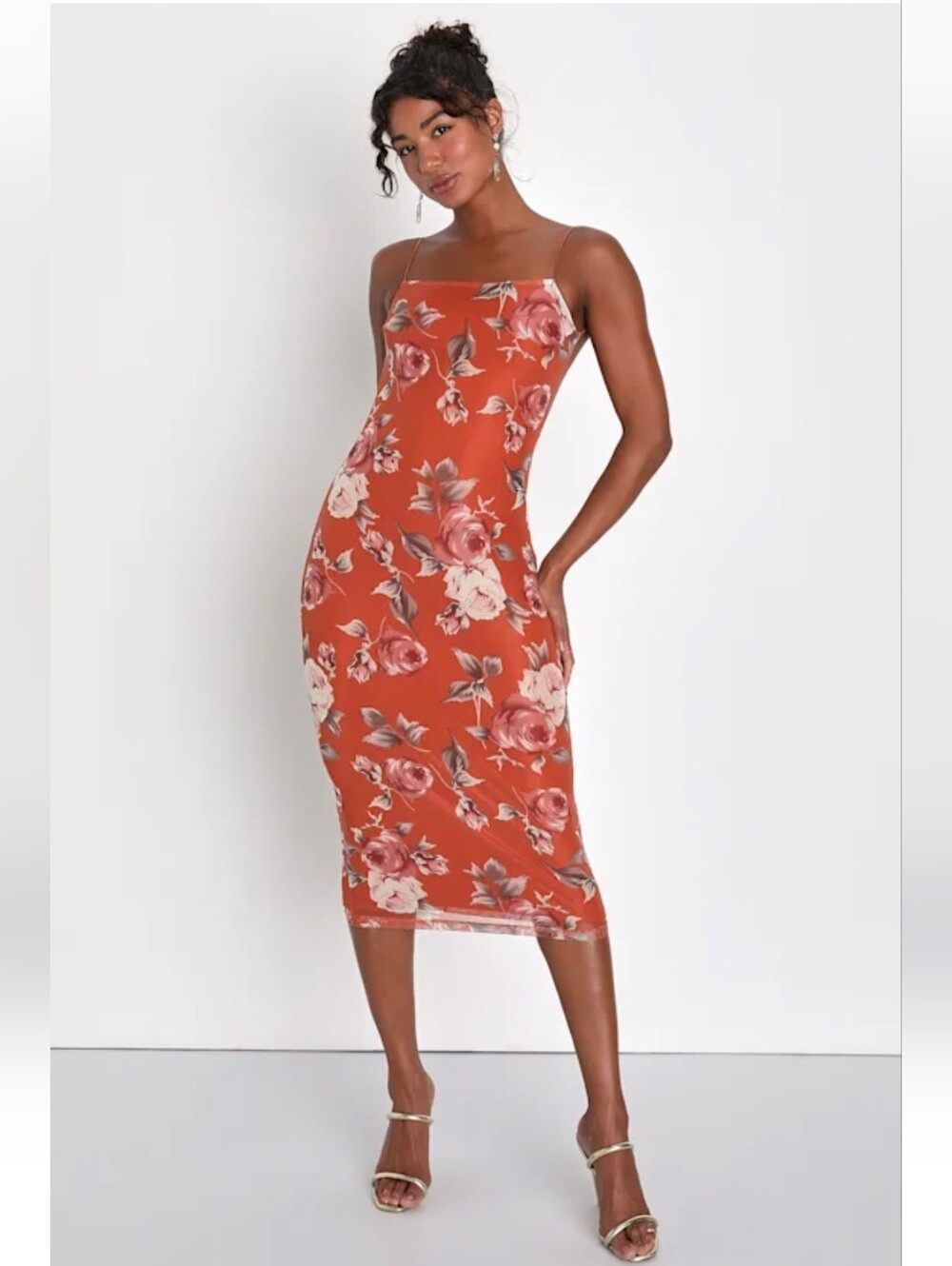 Lulu's Rust Orange Slip Dress with Floral Botanical Print - Picture 3 of 6